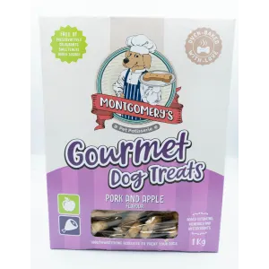 Montgomery’s Pork and Apple Dog Biscuits carton packaging with purple colors