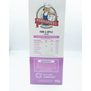 Montgomery’s Pork and Apple Dog Biscuits side of box with ingredients