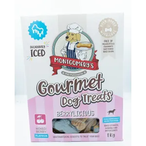 Montgomery’s Berrylicious Iced Dog Biscuits carton packaging with light pink colors