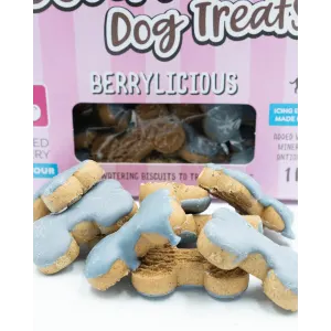 Montgomery’s Berrylicious Iced Dog Biscuits actual brown biscuits with purple icing
