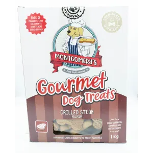 Montgomery’s Grilled Steak Dog Biscuits carton packaging with brown colors