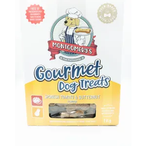 Montgomery’s Spanish Tomato and Butternut Dog Biscuits carton packaging with yellow colors