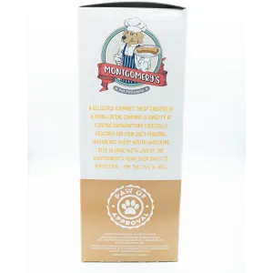 Montgomery’s Chicken and Peach Dog Biscuits side of carton box with information story