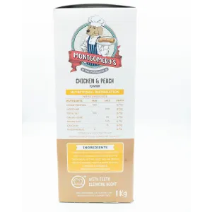 Montgomery’s Chicken and Peach Dog Biscuits side of box with ingredietnts
