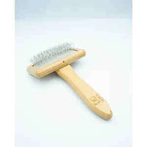 Bamboo Slicker Brush for Dogs face up with bamboo handle and metal pin teeth