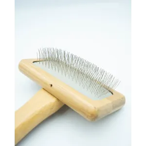 Bamboo Slicker Brush for Dogs close up of metal pin teeth