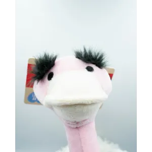 Rosewood Mister Twister Olga Ostrich Dog Toy close up of the face with pink neck and yellow beak