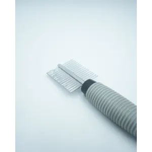 Combi Grooming Comb for Small Pets side profile of grey rubber handle with metal teeth