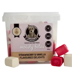 Strawberry & Vanilla Dog Treats white and pink treats in packaging