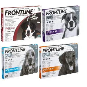 Frontline Plus for Dogs Tick & Flea Spot On Treatment 3 pack group shot in packaging