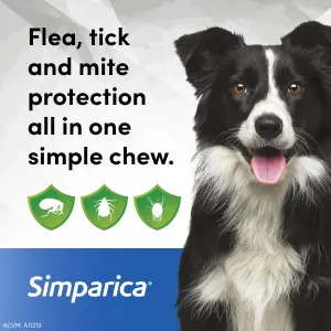 Simparica Chewable Tick & Flea Tablets for Dogs protects against flea, tick and mites