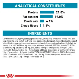 Royal Canin Hypoallergenic Adult Dog Food analytical constituents info picture
