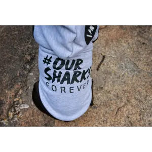 Dog Days Official Sharks Rugby Dog Hoodie close up lifestyle on black dog