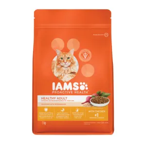 Bright orange bag of Iams adult chicken cat food