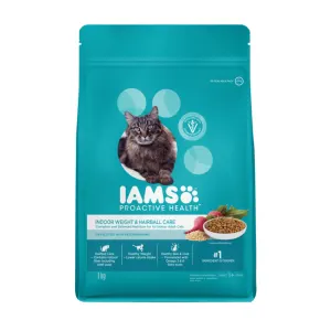 Turquoise bag of Iams indoor weight &amp; hairball cat food