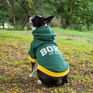 Dog Days Official Boks Rugby Dog Hoodie lifestyle with Boston terrier dog