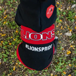 Dog Days Official Lions Pride Rugby Dog Hoodie close up of Lions logo