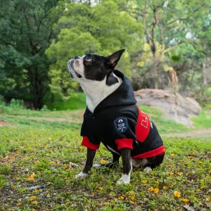 Dog Days Official Lions Pride Rugby Dog Hoodie lifestyle with Boston terrier sitting black and red