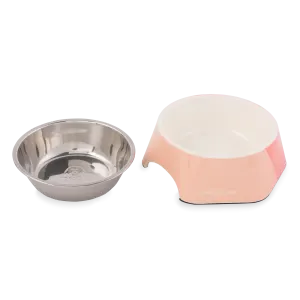 2-In-1 Hexagon Melamine & Stainless Steel Pet Bowl pink with steel bowl on the side