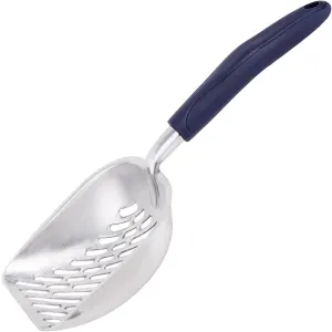 Chrome Cat Litter Scoop angled with chrome scoop and blue handle