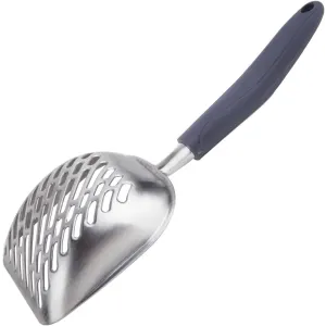 Chrome Cat Litter Scoop angled back view chrome scoop and blue handle
