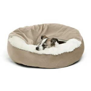 Cozy Cuddler Semi-Covered Pet Bed wheat coloured bed Lifestyle image with small breed dog