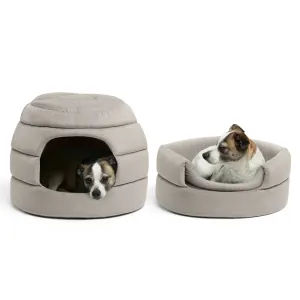 Honeycomb Covered Pet Bed grey colour lifestyle with opened and closed dogs