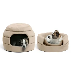 Honeycomb Covered Pet Bed wheat lifestyle opened and closed