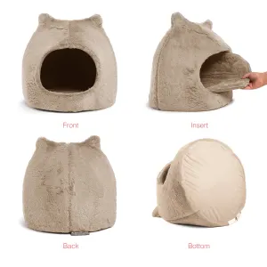 Meow Hut Covered Cat Bed wheat coloured bed with all angles