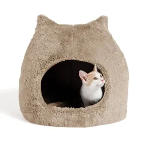Meow Hut Covered Cat Bed wheat lifestyle with cat looking outside