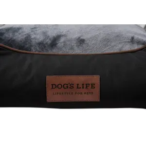Dog's Life Premium Country Waterproof Bed - Black close up of front with dog's life logo
