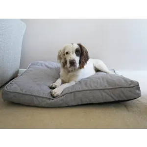 Grey Tweed Pet Mattress lifestyle with white and brown dog lying on grey mattress