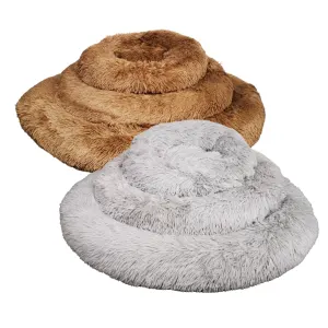 Stack of 3 different sizes of round fluffy pet beds