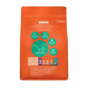 Iams Adult Chicken and Salmon Cat Food back of packaging