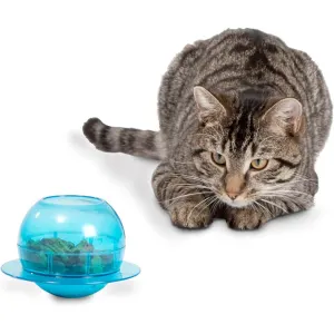 Fishbowl Cat Feeder Toy with Kibble inside and cat on the side
