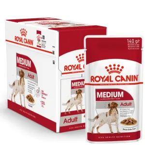 Red &amp; white pouch of Royal Canin Medium Adult Wet Dog Food