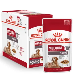 Red &amp; white pouch of Royal Canin Medium Ageing Wet Dog Food