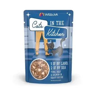 Blue pouch of Weruva 1 if by land 2 if by sea cat food
