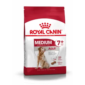Red & white bag of Royal Canin medium adult 7+ dog food
