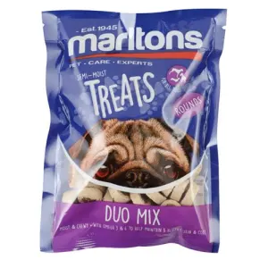 Blue bag of dog treats with a pug's cafe on the bag