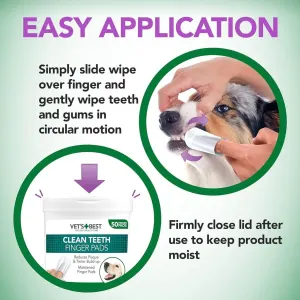 Vet's Best dental wipes with product image and dog's gums being wiped