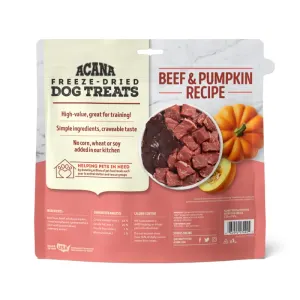 Salmon coloured bag of Acana Beef & Pumpkin Dog Treats back of bag