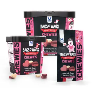 Bags O Wags Hearts Chewies Dog Treats group shot showing all variants