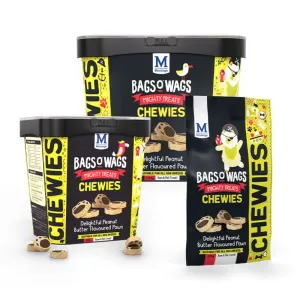 Peanut Butter Dog Chews doggie shaped paw print semi-moist chews in packaging