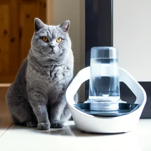 Grey haire,yellow coloured eyed sanding cat next to Felaqua Connect Drink Monitoring Bowl