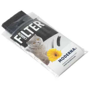 carbon filter in packer showing cat and flower on packaging