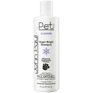 White bottle of John Paul Pet Super Bright dog & cat shampoo