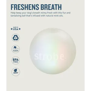 white strobe ball with material info on left and sentence at top with info about the mint oil infusion for fresh breath
