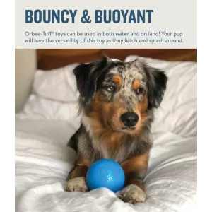 dog laying on bed with blue ball