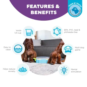 features & benefits of the puzzle toy with an image of two dogs playing with toy